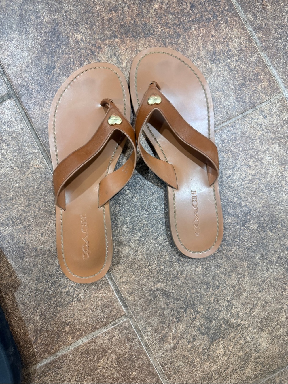 Coach Brown Leather Heart-Accent Thong Sandals